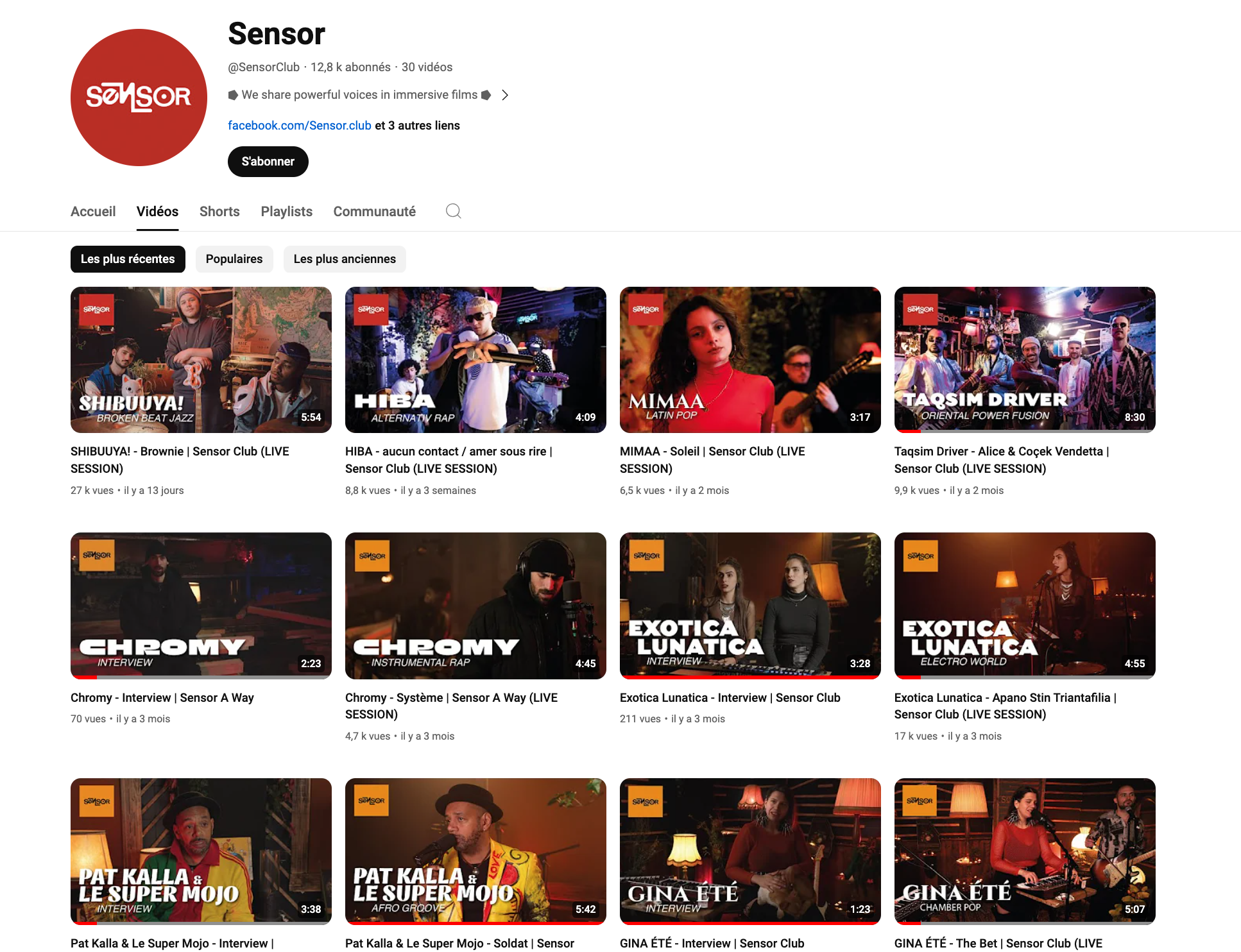 page youtube de sensor pour montrer les miniatures